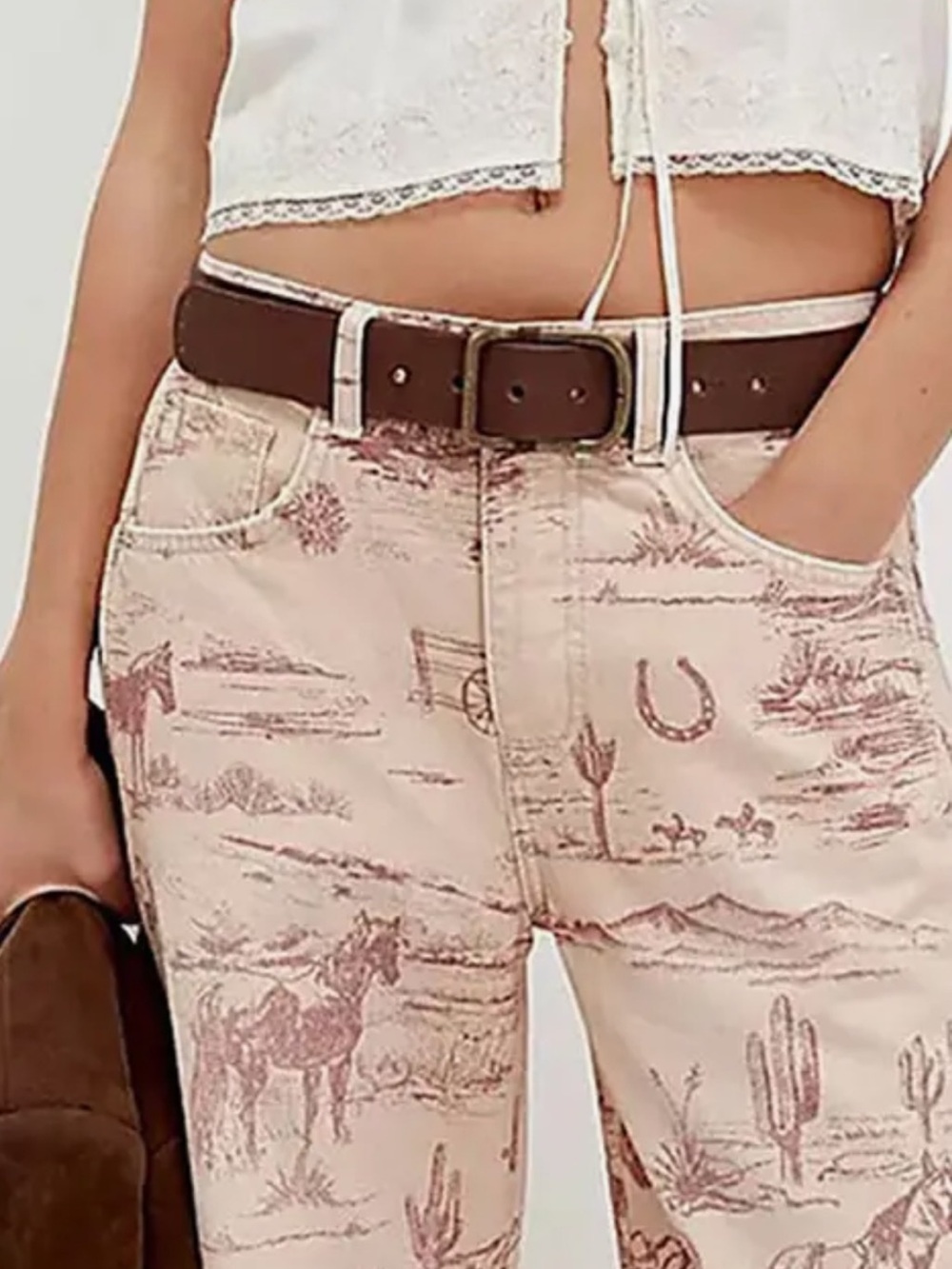 Western Print High-Rise Jeans in Light Pink and Brown